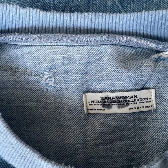 Zara Distressed Denim Pullover Sweatshirt blue size Small - Picture 4 of 4
